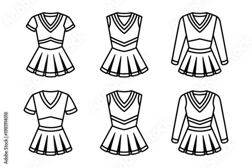 Collection of six cheerleading uniform vector designs featuring variations in sleeve length and top styles