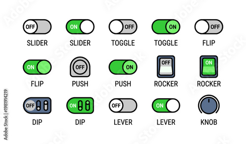 Green and gray switch types: slider, toggle, flip, push, rocker, dip, lever, knob