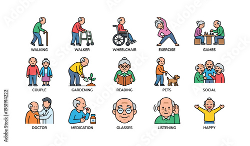 Elderly activities and hobbies illustration featuring diverse caucasian elderly figures engaged in daily life