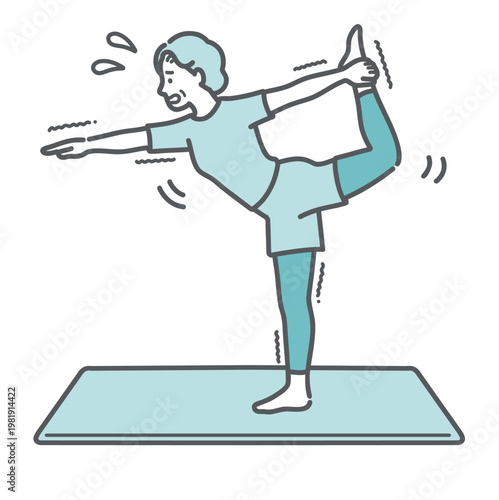 フラフラと苦戦しながらヨガのダンサーのポーズをするシニア女性のイラスト