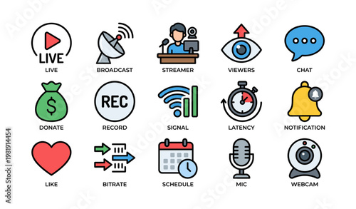 Streaming icons: broadcast, streamer, chat, notification, like