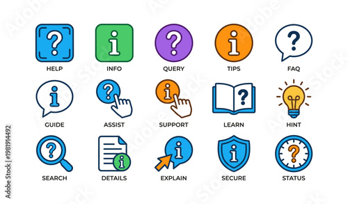 Colorful information and assistance icons for help, support, and guidance