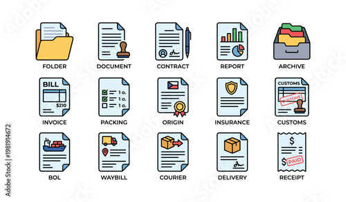 Collection of colorful business document icons for organization and management