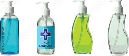 Hand Sanitizer Bottle Vector Set with Pump Dispensers and Different Fluid Colors for Health, Hygiene, and Safety Design