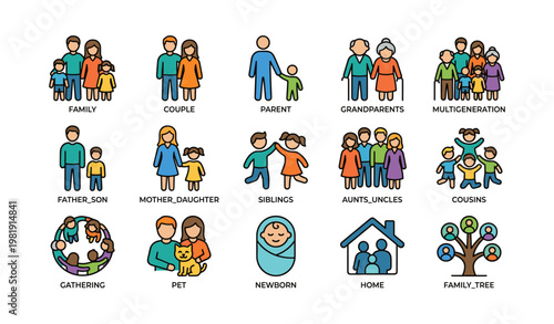 Multigenerational family icons depicting various relationships and activities
