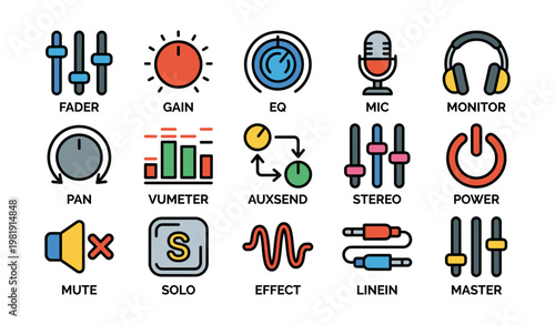 Colorful audio equipment icons for music production and sound management