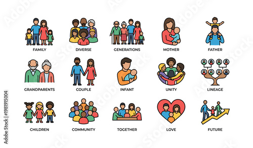 Diverse families and generations: unity, love, and community icons