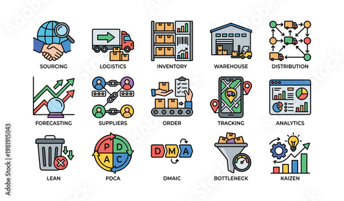 Supply chain management icons: logistics, inventory, tracking, order, analytics