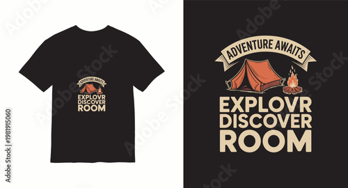 Adventure awaits explore discover room retro design with tent and campfire.