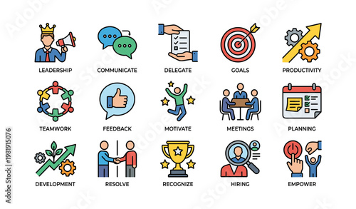 Business icons for leadership, communication, and goal setting