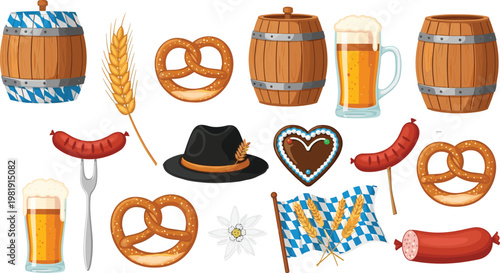 Oktoberfest Vector Set with Pretzels, Beer, Sausages, Barrels, and Traditional German Symbols for Festival and Celebration Design