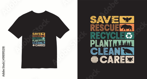 Save rescue recycle plant clean care earth day design with animals and icons.