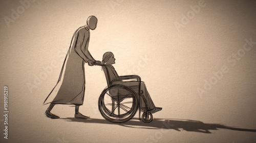 Artistic depiction of a person pushing another in a wheelchair against a soft light background
