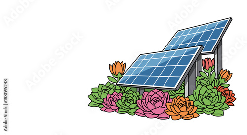 Solar panels surrounded by colorful flowers and succulents  