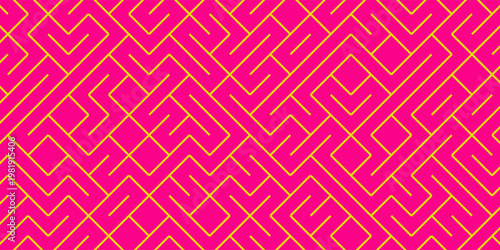 Geometric maze colorful seamless pattern. Brush drawn pink and yellow scribbles. Abstract maze geometric vector background. Irregular labyrinth pattern in bright colors. Hand drawn intricate banner.