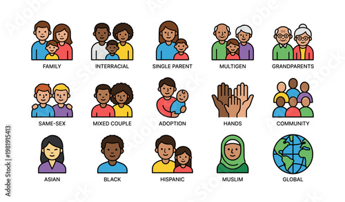 Diverse family icons depicting various multicultural and multigenerational groups