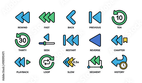 Colorful media control icons: rewind, fast, previous, loop, seek, playback, slow