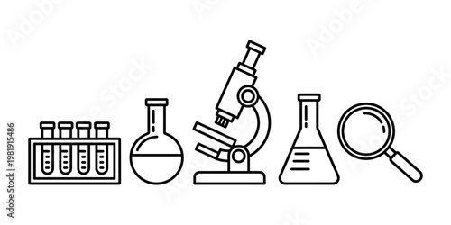 Black line of scientific laboratory equipment including test tubes beaker microscope and magnifying glass on white background
