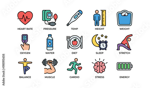Diverse set of health and fitness icons representing wellness and lifestyle