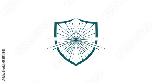 A teal shield with a radial burst emanating from its center on a white background