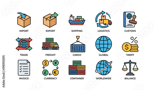 Import export shipping logistics customs trade freight cargo global currency