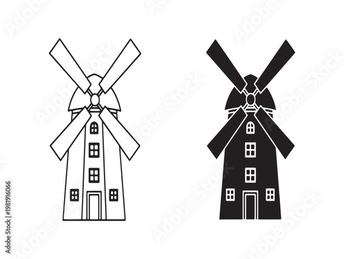Two vintage windmill illustrations a black and white depiction of traditional dutch architecture