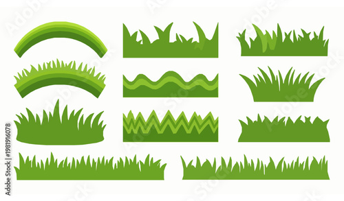 Cartoon green grass border set with playful lawn shapes for kids design isolated on white