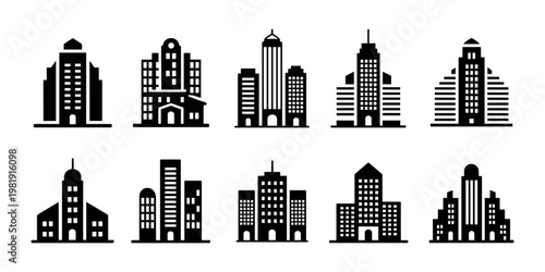 Collection of ten black building with varied architectural styles architecture city skyscraper office in white background