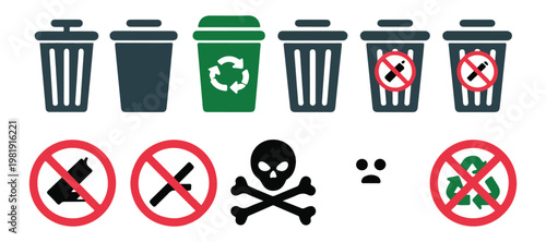 Dangerous waste disposal warning signs with recycling bins and forbidden item icons in flat design.