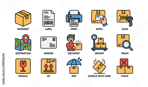 Icon set for shipment and delivery processes including tools and symbols