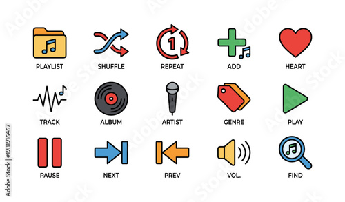 Colorful music app icons set with playlist shuffle and volume controls