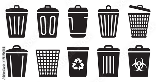 Set of diverse black trash can icons, featuring different shapes, lids, and special symbols.