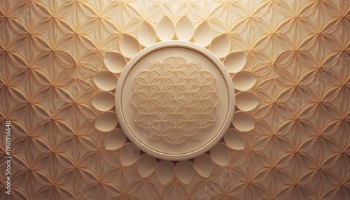 An elegant beige geometric floral pattern background featuring a central circular medallion with a sacred geometry design.
