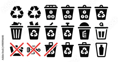 Variety of recycle bins and trash cans with recycling symbols and numbered compartments for sorting waste.