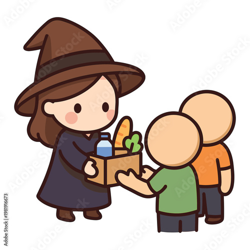 Witch character giving food box to children vector