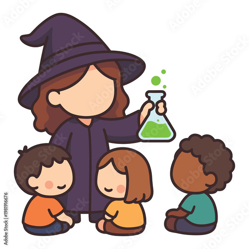 Witch teacher showing potion to three children