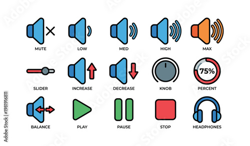 Audio control icons: volume, playback, headphones, balance, mute settings