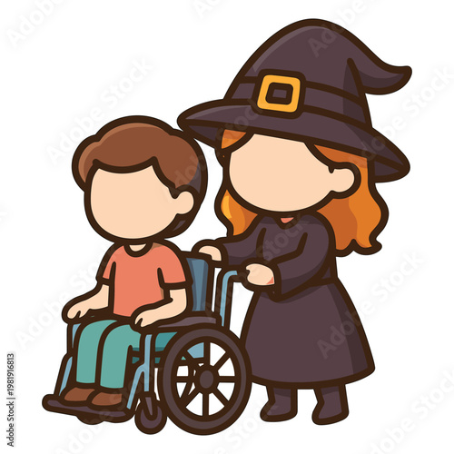 Person in wheelchair pushed by woman in witch costume