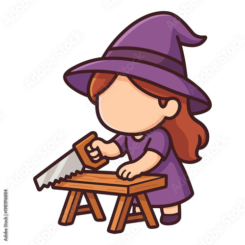 Woman cutting wood on sawhorse flat vector illustration