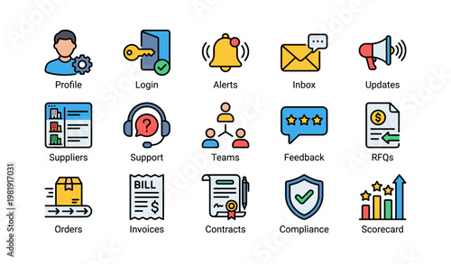 Icon set for business solutions including alerts, inbox, support, and compliance