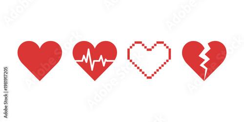 Four red heart showing different states from healthy to broken heartbeat electrocardiogram in white background