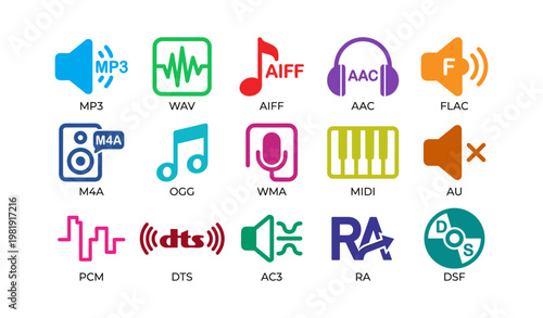Audio file icons: variety of formats including mp3 wav aiff aac