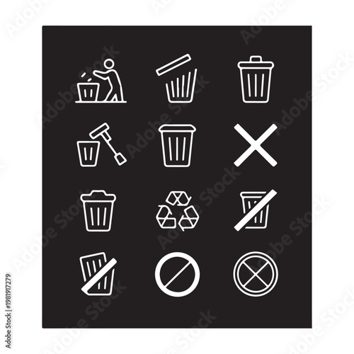 Rubbish bin icons set for trash management and waste disposal symbols in white linear style on dark.
