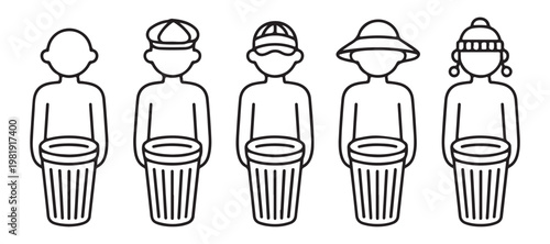 Waste management characters collection for garbage collection and cleanup service line illustration.