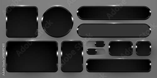 Sleek Black Glossy UI Buttons and Frames Set.