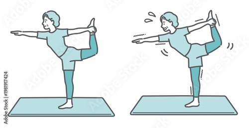 ヨガのダンサーのポーズをするシニア女性の比較セットイラスト