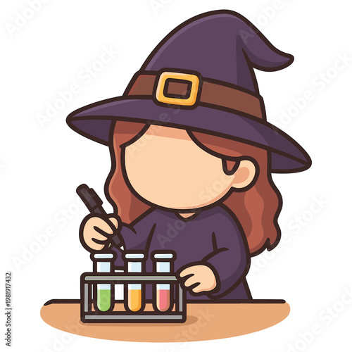 Witch scientist character mixing colorful liquids