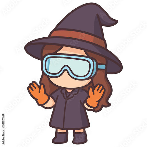 Cartoon witch character wearing goggles and gloves