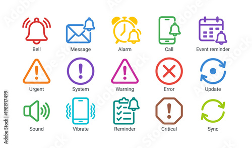 Colorful digital icons for notifications and alerts