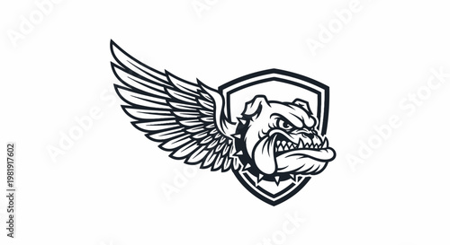 Aggressive bulldog head with wings and spiked collar on a shield, black and white illustration.